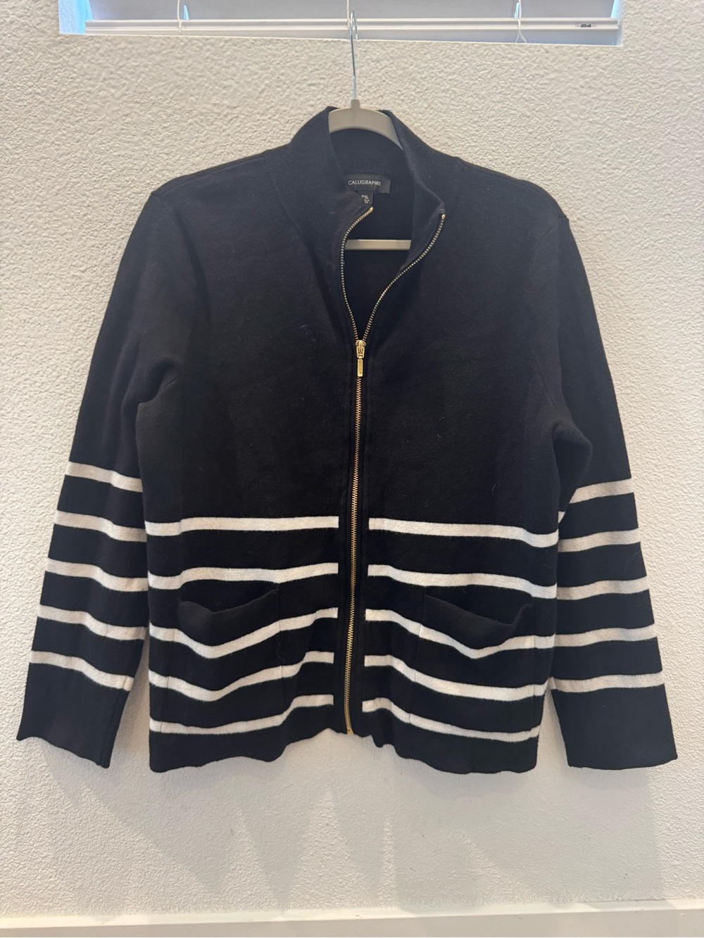 Calligraphie full-zip knit cardigan black sweaterw/white stripes & front pockets